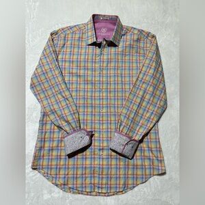 Bugatchi Uomo shaped fit plaid button down long cuffed sleeves size Medium shirt